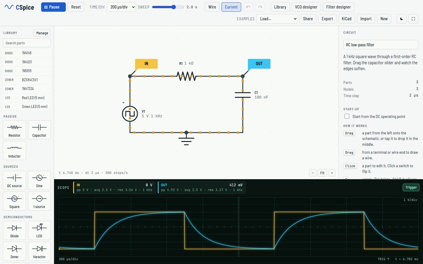 CSpice RC low-pass filter with a live oscilloscope trace